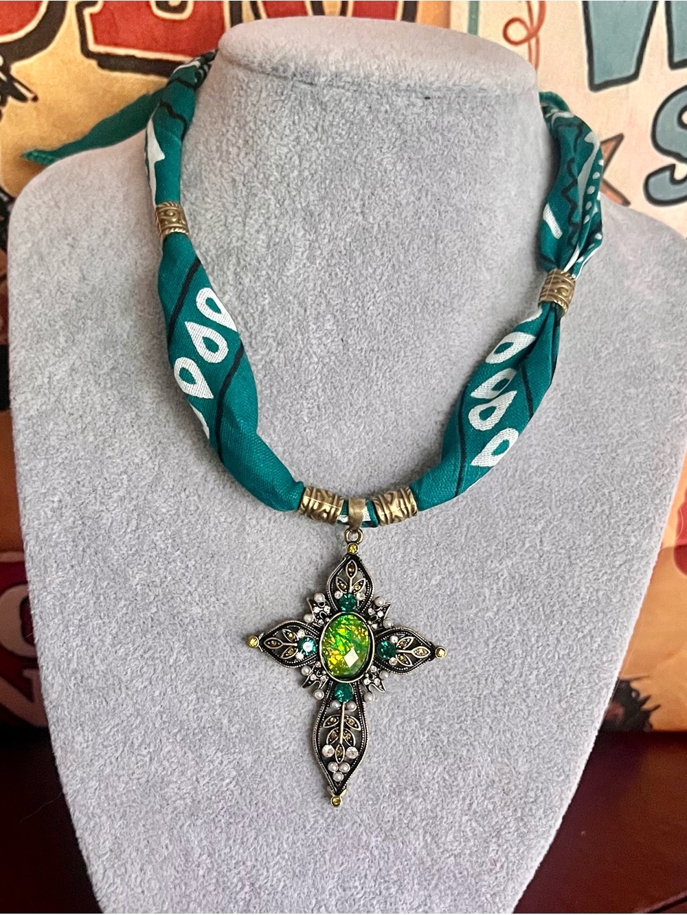 Teal Bandana Fabric Necklace with Green Crystal Cross Pendant